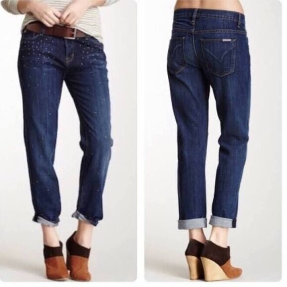 Hudson Jeans Leigh Boyfriend Pant Dark Wash Studded Size 26 EUC!! - Picture 1 of 8